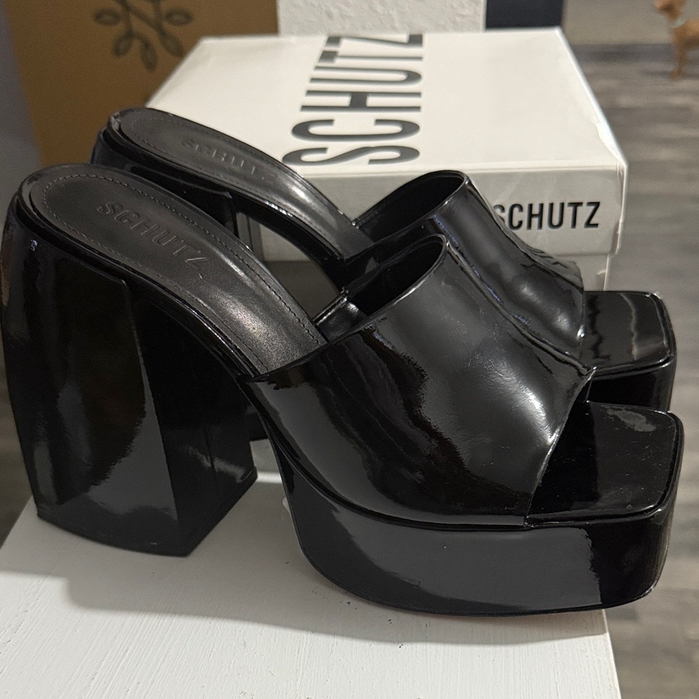 SCHUTZ Glossy Black Platform Mules